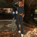Fashion Casual Crew Neck Top Slim High Waist Bootcut Pants Solid Color Suit Bigbuy