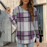 Women's Casual Loose Plaid Long Sleeve Round Neck Irregular Bottoming Shirt Top Bigbuy