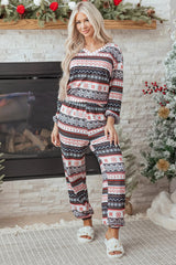 Black Retro Christmas Pattern Loose Pullover 2pcs Lounge Pant Set null
