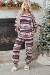 Black Retro Christmas Pattern Loose Pullover 2pcs Lounge Pant Set null