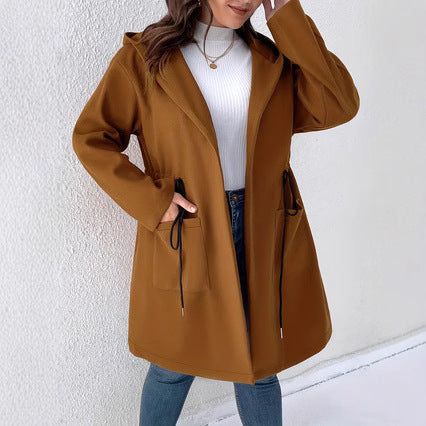 Solid Color Drawstring Pocket Elegant Coat Bigbuy