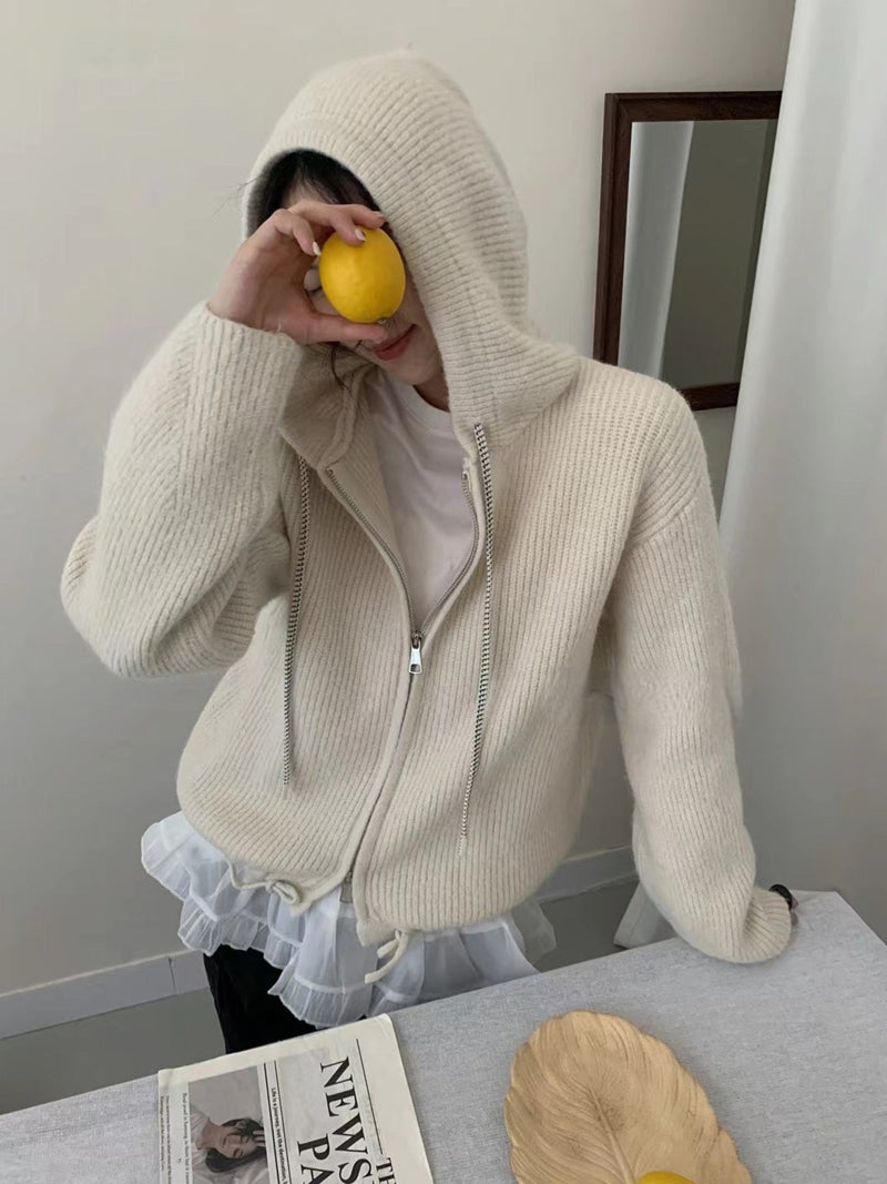 Double Zipper Hooded Knitted Niche Sweater Coat Bigbuy