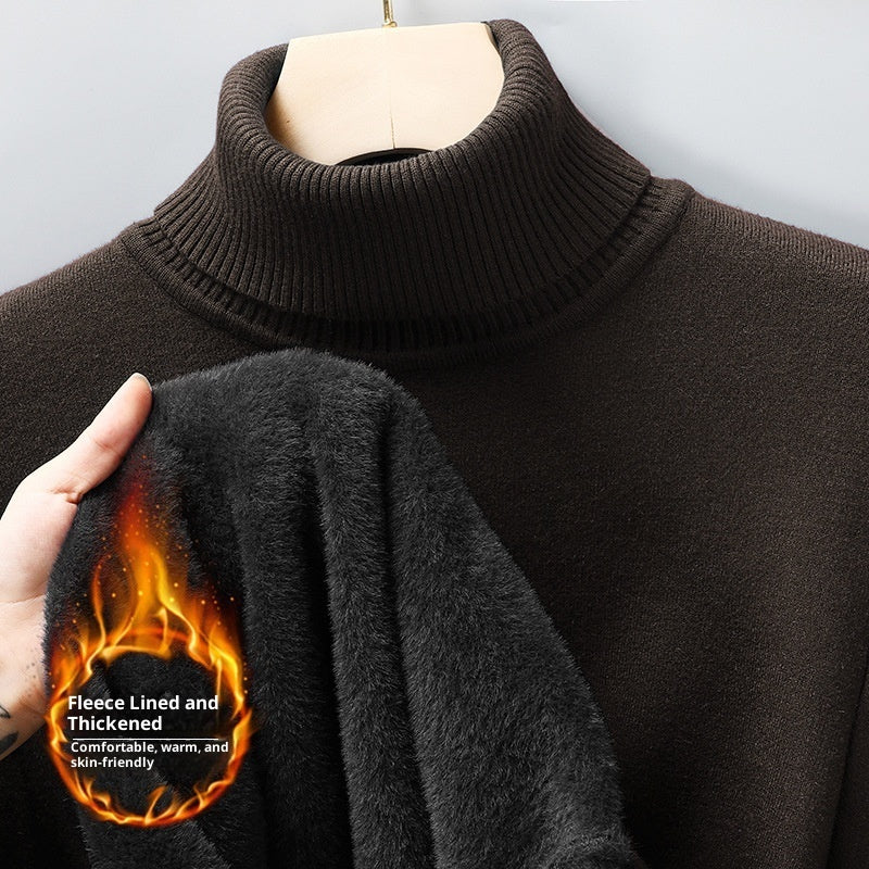 Men's Versatile Knitted Turtleneck Solid Color With Fur Sweater Bigbuy