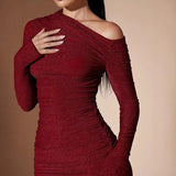 Women's Sexy Oblique Shoulder Party Solid Color Dress Bigbuy