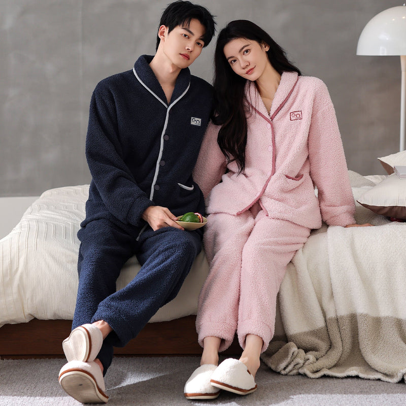 Flannel Thick Warm Long Sleeves Coral Fleece Couple Pajamas Suit Bigbuy