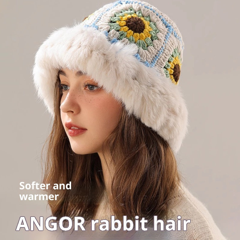 Rabbit Fur Knitted Warm-keeping And Cold-proof Handmade Crochet Bucket Hat Bigbuy
