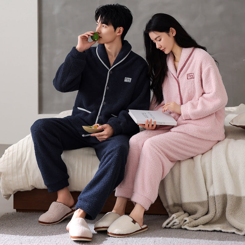 Flannel Thick Warm Long Sleeves Coral Fleece Couple Pajamas Suit Bigbuy