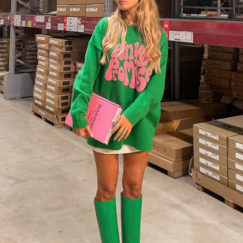 Round Neck Long Sleeve Letter Pattern Knitted Sweater Women's Pullover Bigbuy