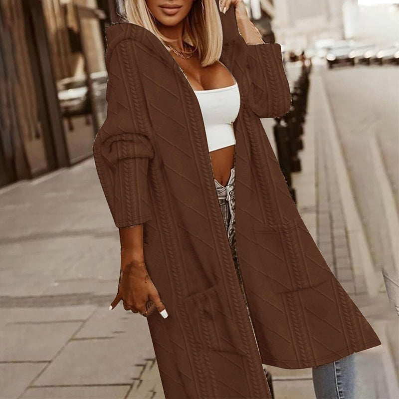 Women's Textured Hooded Longline Jacket, Solid Color Casual Oversized Top With Pockets For Fall & Winter Bigbuy