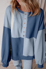 Beau Blue Colorblock Henley High Low Oversize Sweatshirt Bigbuy