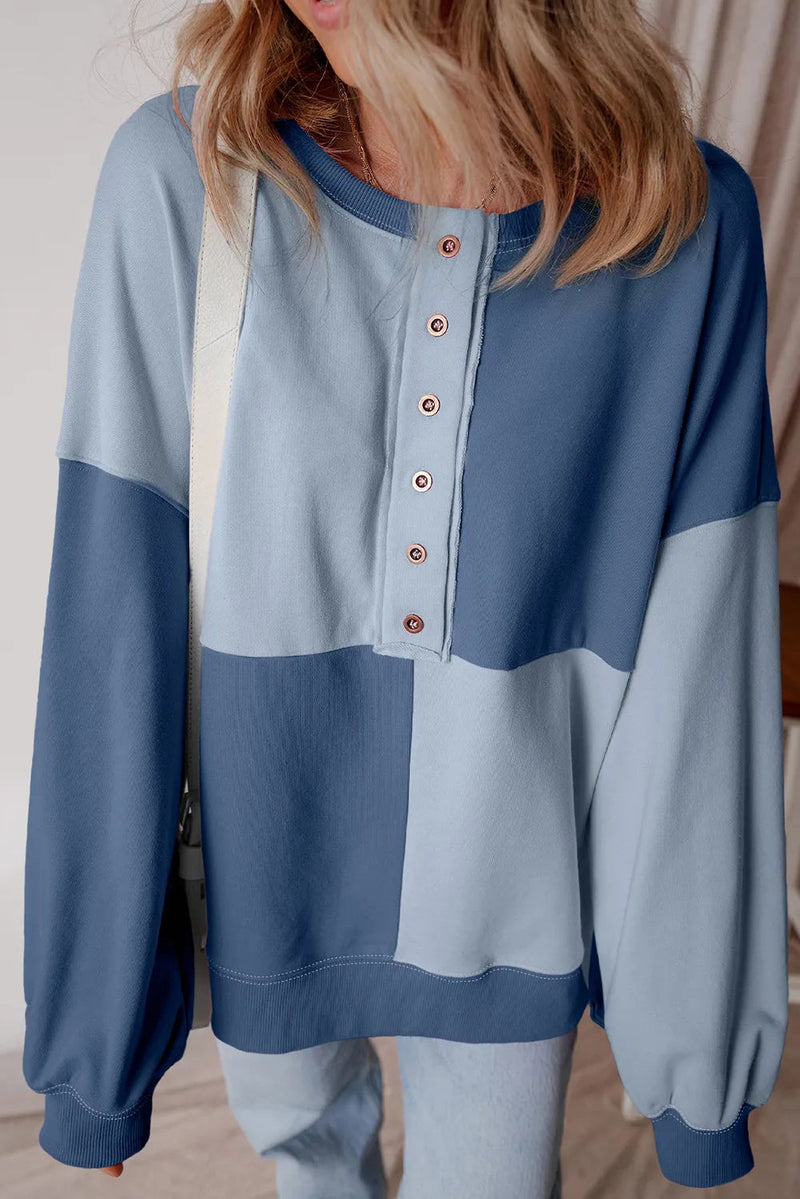 Beau Blue Colorblock Henley High Low Oversize Sweatshirt Bigbuy