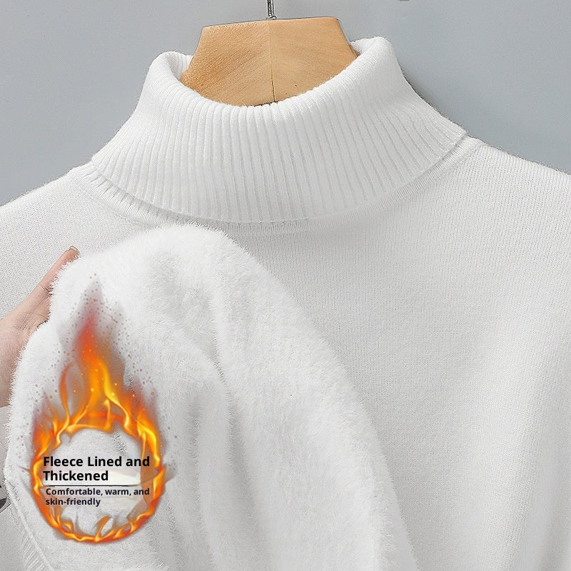Men's Versatile Knitted Turtleneck Solid Color With Fur Sweater Bigbuy